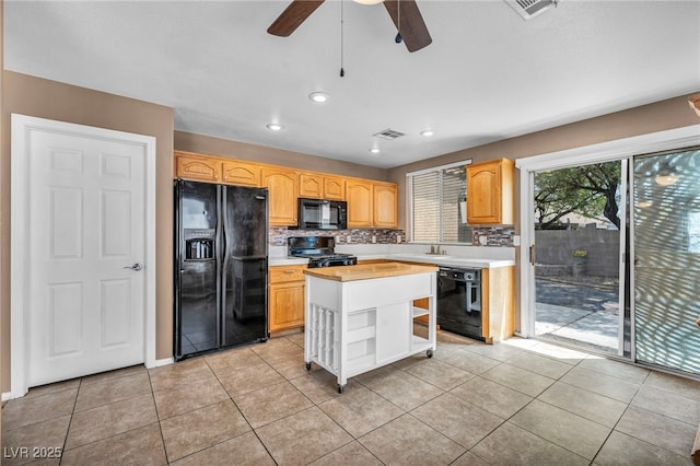 8557 Hidden Pines Ave, Las Vegas, NV 89143 - kitchen with black appliances, a ceiling fan, open shelves, backsplash, and recessed lighting