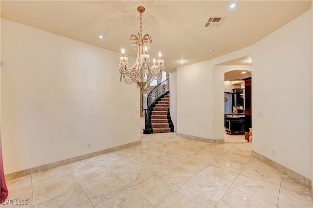 7751 Radcliff St, Las Vegas, NV 89123 - unfurnished room with a chandelier, stairway, tile patterned flooring, and recessed lighting