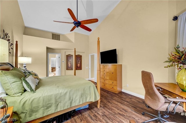 216 Chestnut Ridge Cir, Henderson, NV 89012 - bedroom with wood finished floors, high vaulted ceiling, a desk, and ceiling fan