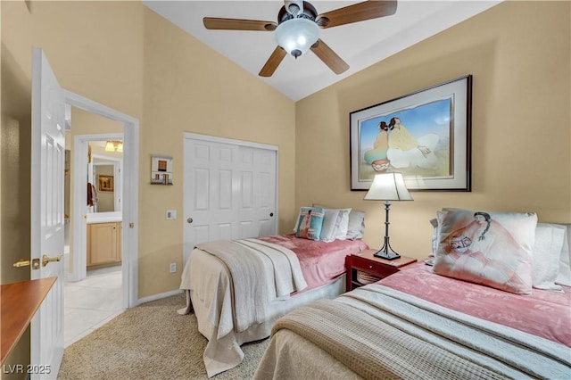 216 Chestnut Ridge Cir, Henderson, NV 89012 - bedroom featuring lofted ceiling, light carpet, a closet, and ceiling fan