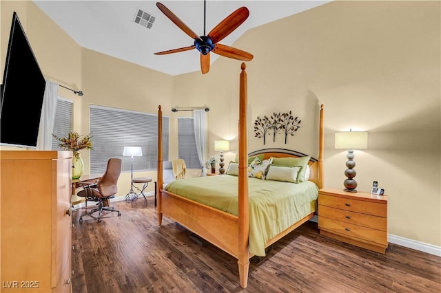 216 Chestnut Ridge Cir, Henderson, NV 89012 - bedroom featuring wood finished floors, lofted ceiling, and a ceiling fan