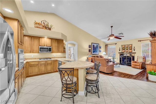216 Chestnut Ridge Cir, Henderson, NV 89012 - kitchen with stainless steel appliances, lofted ceiling, open floor plan, a peninsula, and light tile patterned floors