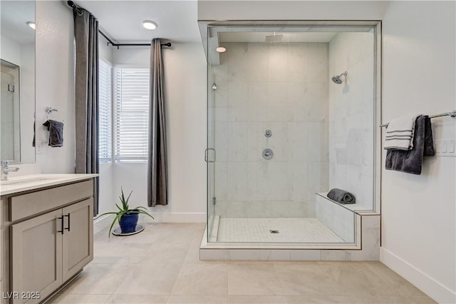 1305 Azure Jay Ave, North Las Vegas, NV 89084 - bathroom featuring a stall shower, vanity, and tile patterned floors