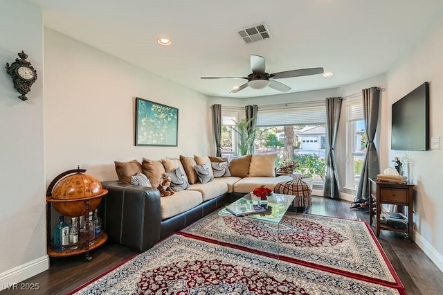5021 Cliffrose Dr, Las Vegas, NV 89130 - living room with a ceiling fan, dark wood-style floors, and recessed lighting