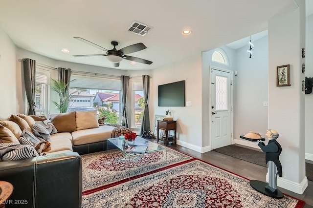 5021 Cliffrose Dr, Las Vegas, NV 89130 - living area with wood finished floors, ceiling fan, and recessed lighting