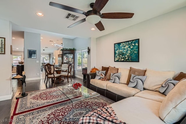 5021 Cliffrose Dr, Las Vegas, NV 89130 - living room featuring ceiling fan, wood finished floors, and recessed lighting
