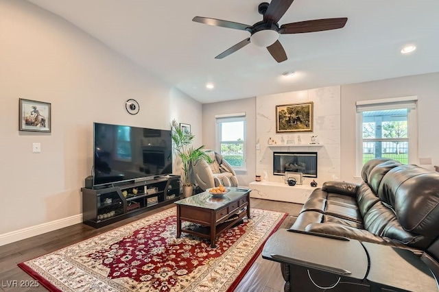 5021 Cliffrose Dr, Las Vegas, NV 89130 - living room with ceiling fan, wood finished floors, recessed lighting, and a high end fireplace