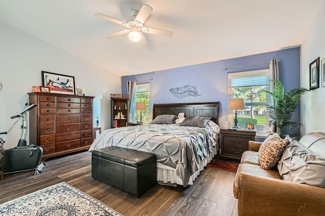 5021 Cliffrose Dr, Las Vegas, NV 89130 - bedroom with dark wood-type flooring, vaulted ceiling, and ceiling fan