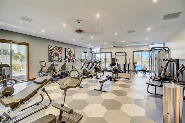 4152 Yucca Bloom St Unit 1, Las Vegas, NV 89135 - exercise room featuring a ceiling fan, recessed lighting, and light floors