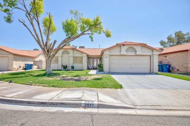 2912 Drury St, Las Vegas, NV 89108 - mediterranean / spanish house featuring a tile roof, stucco siding, an attached garage, driveway, and a front lawn