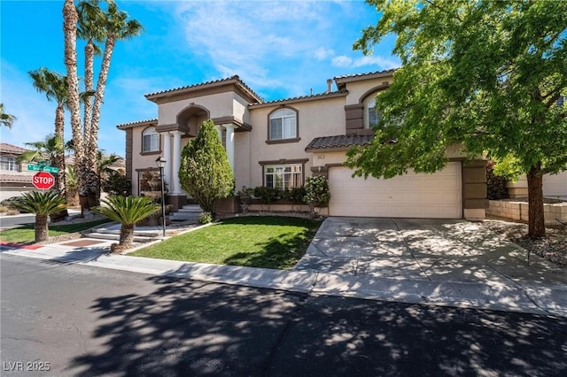 8901 Goldstone Ave, Las Vegas, NV 89143 - mediterranean / spanish home with stucco siding, driveway, a tiled roof, and a front yard