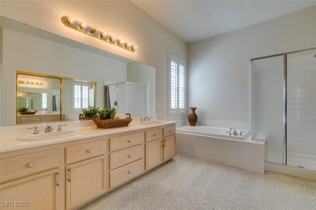 1414 Doggett Ave, Las Vegas, NV 89123 - bathroom with healthy amount of natural light, a shower stall, double vanity, and a garden tub