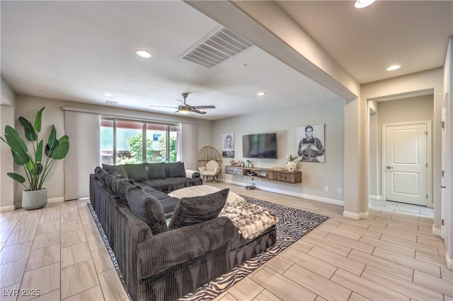 913 Silent Sunset Ave, North Las Vegas, NV 89084 - living room featuring recessed lighting, a ceiling fan, and wood finish floors