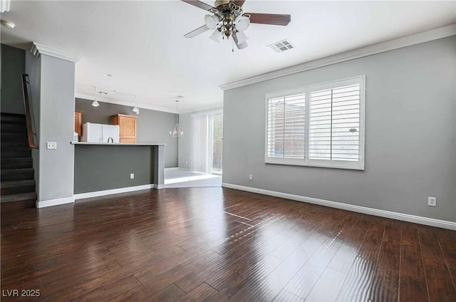 4130 Neighborly Ct, North Las Vegas, NV 89032 - unfurnished living room with ceiling fan, stairway, crown molding, dark wood-style flooring, and a chandelier