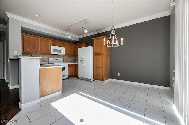 4130 Neighborly Ct, North Las Vegas, NV 89032 - kitchen featuring white appliances, light marble finish floors, ornamental molding, brown cabinetry, and a chandelier