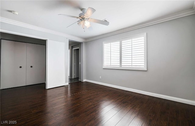 4130 Neighborly Ct, North Las Vegas, NV 89032 - unfurnished bedroom featuring wood-type flooring, ornamental molding, a closet, and a ceiling fan