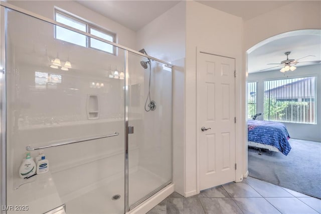 3813 Jasmine Heights Ave, North Las Vegas, NV 89081 - full bath featuring a stall shower, ensuite bathroom, tile patterned floors, and a ceiling fan
