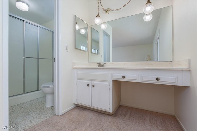 2157 Mccoig Ave, Las Vegas, NV 89119 - bathroom featuring a stall shower, vanity, and carpet floors