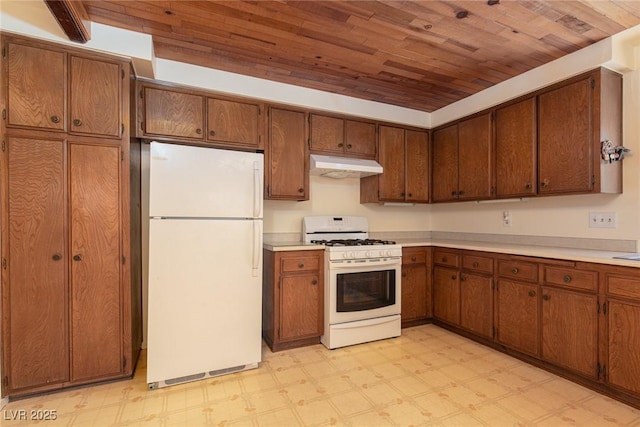 2157 Mccoig Ave, Las Vegas, NV 89119 - kitchen featuring white appliances, under cabinet range hood, light floors, wood ceiling, and light countertops