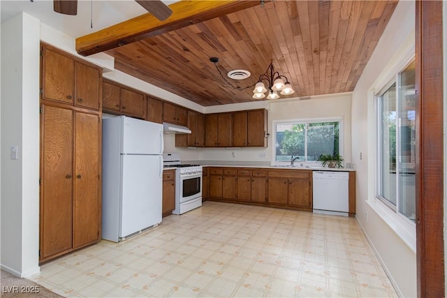 2157 Mccoig Ave, Las Vegas, NV 89119 - kitchen with white appliances, wood ceiling, light flooring, under cabinet range hood, and light countertops