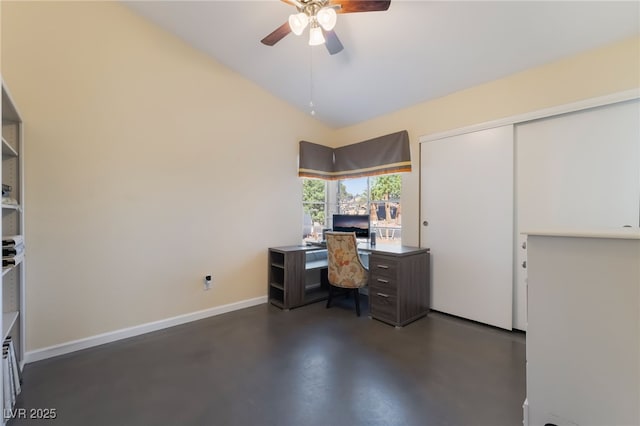 7048 Harbor View Dr, Las Vegas, NV 89119 - office with finished concrete flooring, ceiling fan, and vaulted ceiling