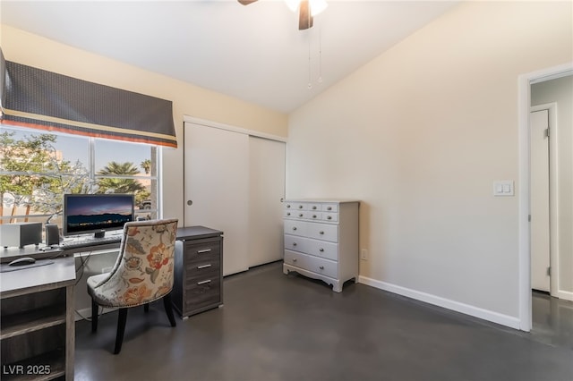 7048 Harbor View Dr, Las Vegas, NV 89119 - office area featuring finished concrete floors, vaulted ceiling, and ceiling fan