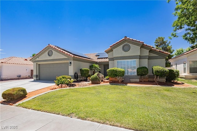 4813 W Virginia Falls Ln, Las Vegas, NV 89130 - mediterranean / spanish-style house with stucco siding, roof mounted solar panels, a garage, concrete driveway, and a front lawn