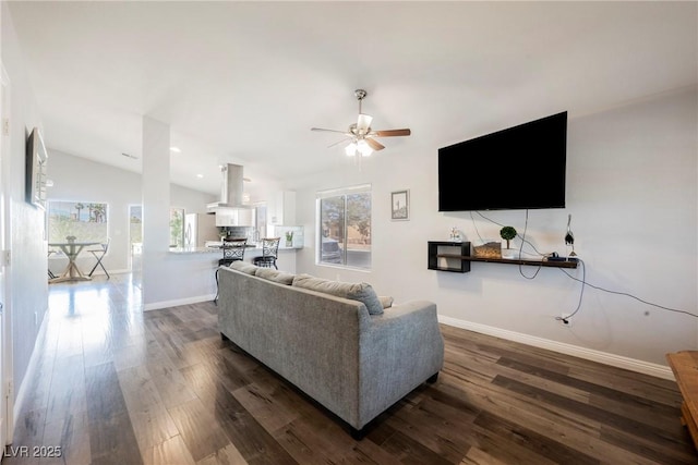 6552 Sweetzer Way, Las Vegas, NV 89108 - living area featuring lofted ceiling, a ceiling fan, dark wood-type flooring, and recessed lighting