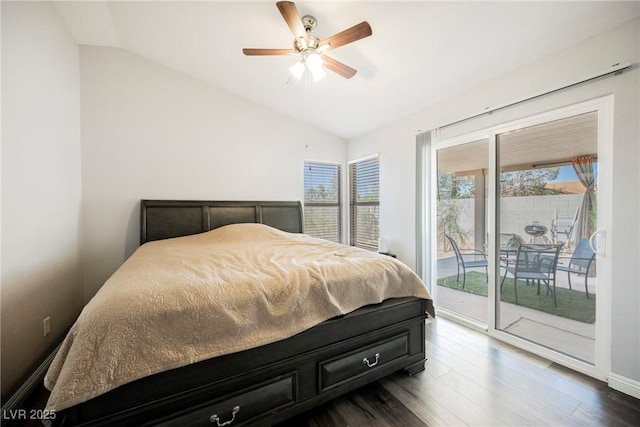 6552 Sweetzer Way, Las Vegas, NV 89108 - bedroom with vaulted ceiling, access to outside, dark wood-style floors, and a ceiling fan
