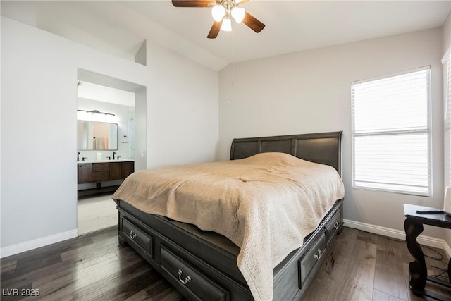 6552 Sweetzer Way, Las Vegas, NV 89108 - bedroom with dark wood finished floors, ensuite bathroom, and ceiling fan