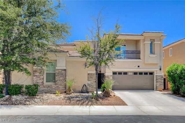 7024 Geese Gathering St, North Las Vegas, NV 89084 - mediterranean / spanish home featuring a balcony, stone siding, and stucco siding