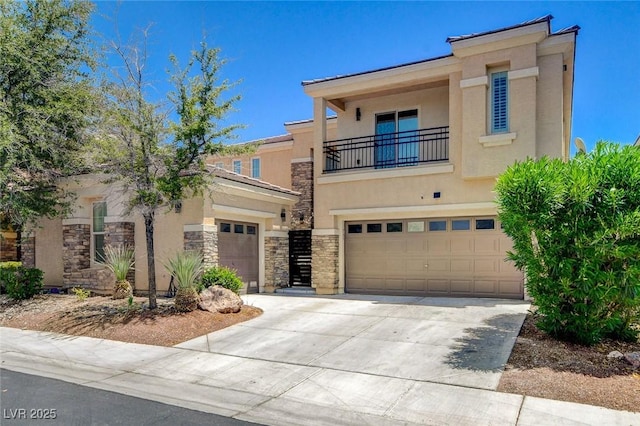 7024 Geese Gathering St, North Las Vegas, NV 89084 - mediterranean / spanish-style home featuring stucco siding, stone siding, concrete driveway, an attached garage, and a balcony