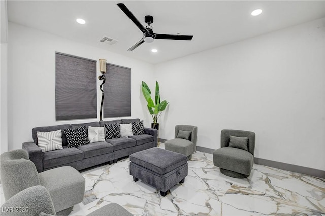 7024 Geese Gathering St, North Las Vegas, NV 89084 - living area with recessed lighting, ceiling fan, and marble finish floors