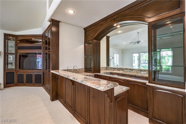 8021 Obannon Dr, Las Vegas, NV 89117 - bar with recessed lighting, ceiling fan, and light carpet