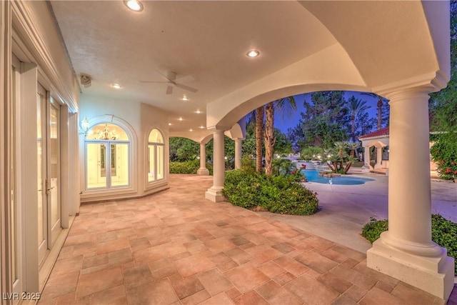 8021 Obannon Dr, Las Vegas, NV 89117 - view of patio / terrace with ceiling fan and an outdoor pool