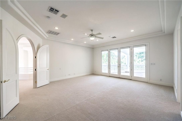 8021 Obannon Dr, Las Vegas, NV 89117 - empty room with light colored carpet, ceiling fan, ornamental molding, recessed lighting, and french doors