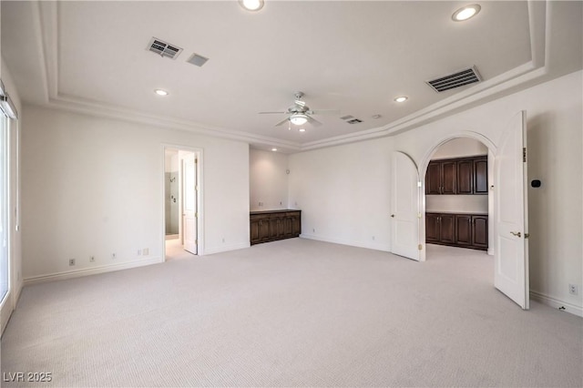 8021 Obannon Dr, Las Vegas, NV 89117 - empty room with ceiling fan, light carpet, recessed lighting, ornamental molding, and arched walkways
