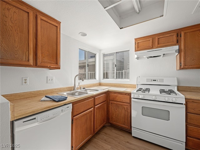 2214 Pebble Creek Ln, Laughlin, NV 89029 - kitchen with white appliances, under cabinet range hood, light countertops, light wood-type flooring, and brown cabinets