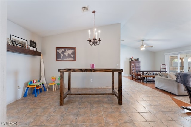5243 Edna Crane Ave, North Las Vegas, NV 89031 - dining area featuring vaulted ceiling, a ceiling fan, and a chandelier