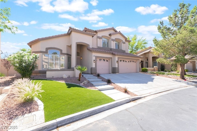 1016 Eaglewood Dr, Las Vegas, NV 89144 - mediterranean / spanish-style home featuring a garage, stucco siding, driveway, a tiled roof, and a front lawn