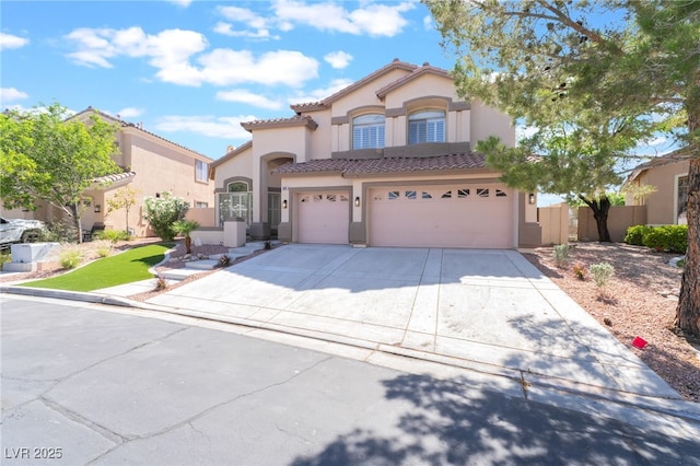 1016 Eaglewood Dr, Las Vegas, NV 89144 - mediterranean / spanish-style house featuring a tile roof, stucco siding, an attached garage, and concrete driveway