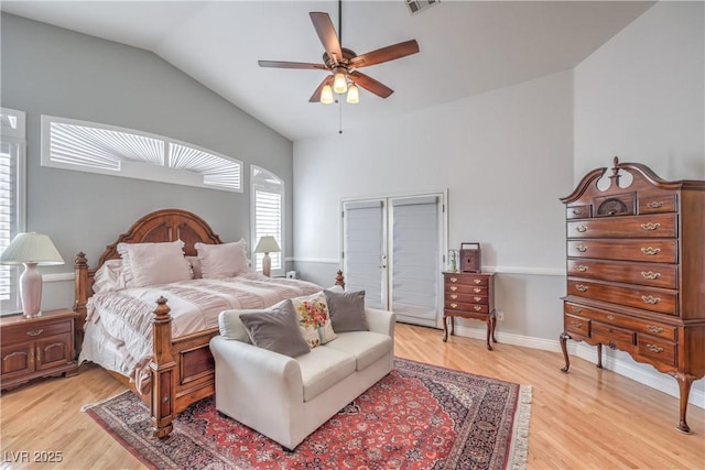 56 Ancient Hills Ln, Henderson, NV 89074 - bedroom featuring vaulted ceiling, light wood finished floors, and ceiling fan