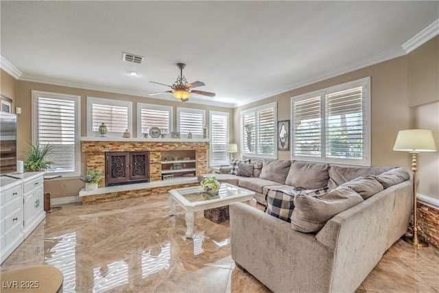 56 Ancient Hills Ln, Henderson, NV 89074 - living area with crown molding, light marble finish flooring, and ceiling fan