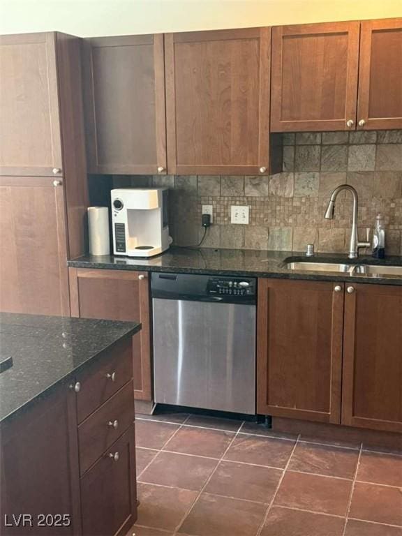 2455 W Serene Ave Unit 620, Las Vegas, NV 89123 - kitchen with stainless steel dishwasher, white microwave, decorative backsplash, and dark stone counters
