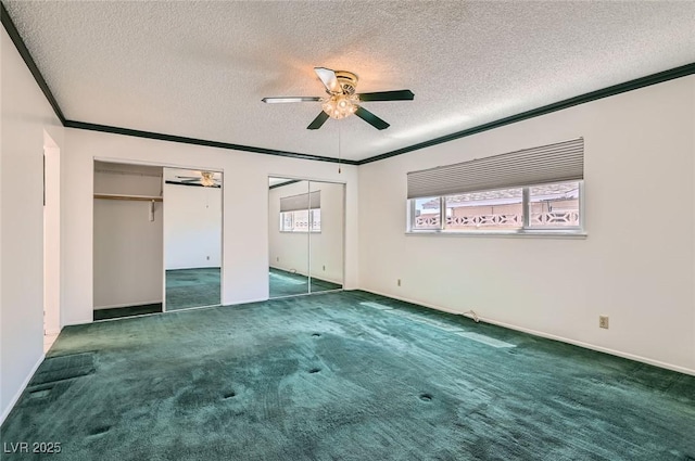 7704 Peacock Ave, Las Vegas, NV 89145 - unfurnished bedroom with multiple closets, a textured ceiling, carpet, ornamental molding, and a ceiling fan