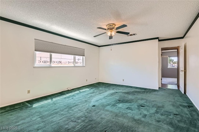 7704 Peacock Ave, Las Vegas, NV 89145 - spare room with plenty of natural light, ceiling fan, a textured ceiling, carpet, and crown molding