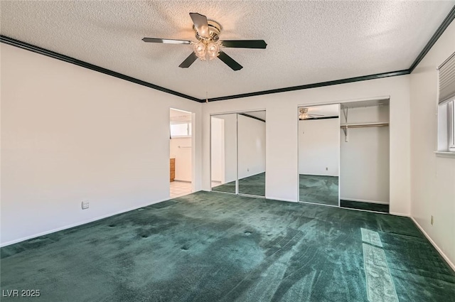 7704 Peacock Ave, Las Vegas, NV 89145 - unfurnished bedroom with multiple closets, carpet floors, a textured ceiling, a ceiling fan, and ornamental molding