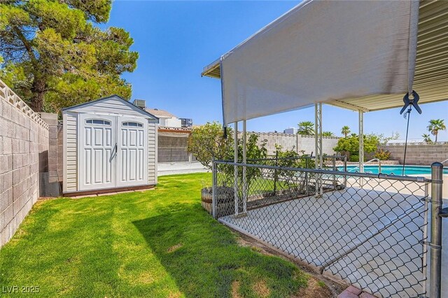 7704 Peacock Ave, Las Vegas, NV 89145 - fenced backyard featuring a storage shed and a patio area