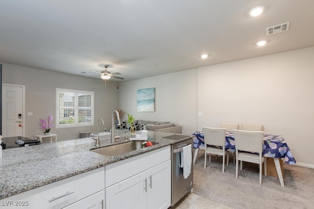7212 Sunray Point St, North Las Vegas, NV 89084 - kitchen featuring dishwasher, light stone countertops, white cabinets, ceiling fan, and recessed lighting