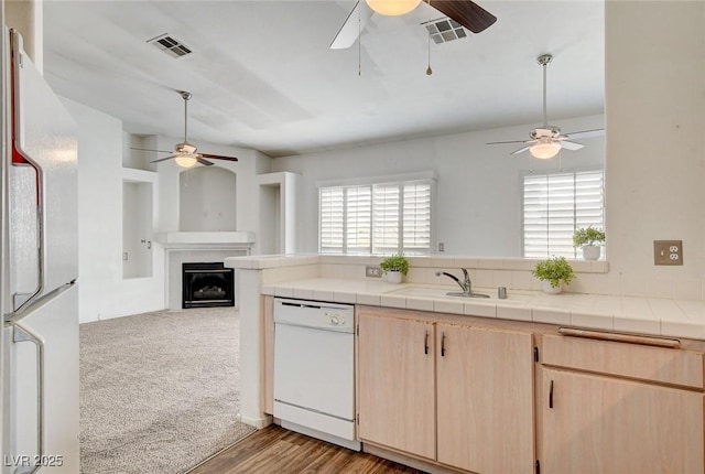 6201 E Lake Mead Blvd Unit 223, Las Vegas, NV 89156 - kitchen with a ceiling fan, light brown cabinets, white appliances, and open floor plan